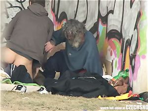 Homeless threeway Having hook-up on Public